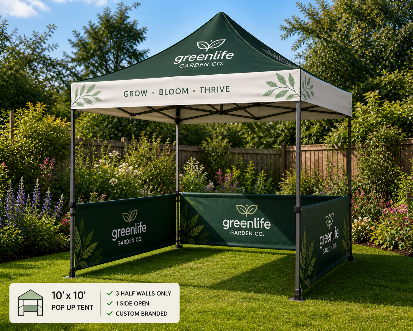 Tente escamotable 10' x 10' avec panneaux supérieurs, latéraux et demi-paroi arrière